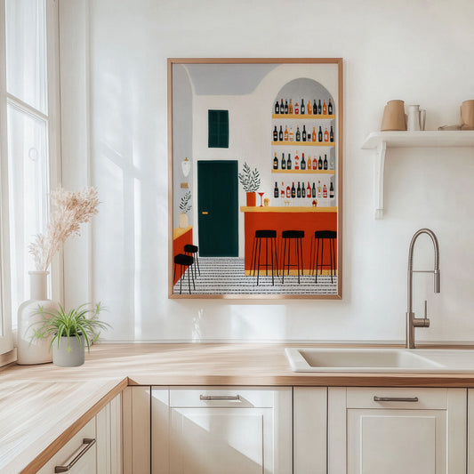 Stilren plakat med moderne barinteriør i varme jordtoner og grafisk uttrykk fra serien Still Life & Everyday Calm. Miljøbilde.