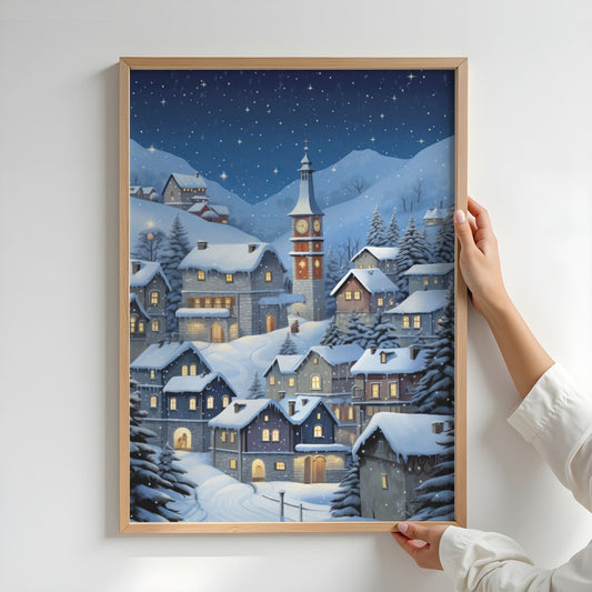 Vinterplakat av snødekt fjellandsby med klokketårn, varme vinduslys og klar stjernehimmel. Illustrasjon viser plakat uten hvit kantlinje i eik ramme