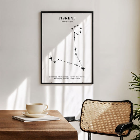 Minimalistisk stjernetegnplakat med stjernebildet Fiskene sort på hvit bakgrunn. Miljøbilde.