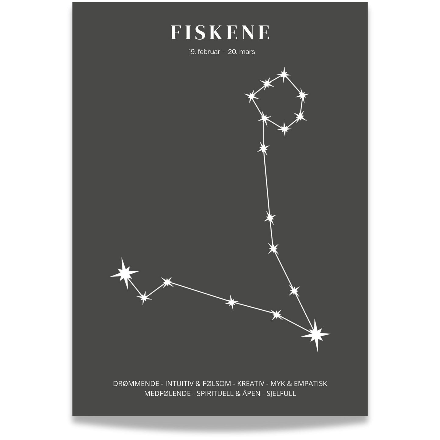Minimalistisk stjernetegnplakat med stjernebildet Fiskene i hvitt på sort bakgrunn.