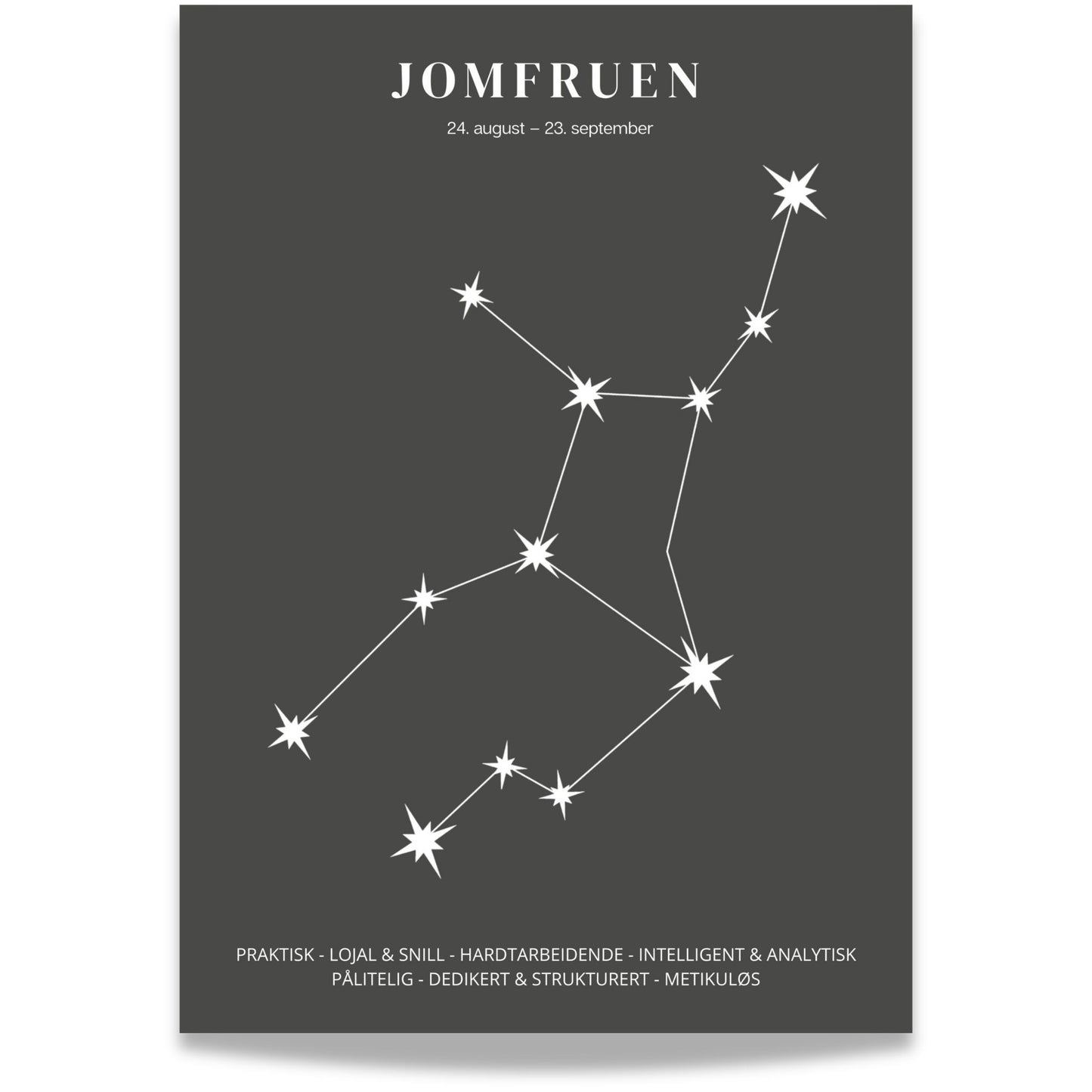 Minimalistisk stjernetegnplakat med stjernebildet Jomfruen i hvitt på sort bakgrunn.