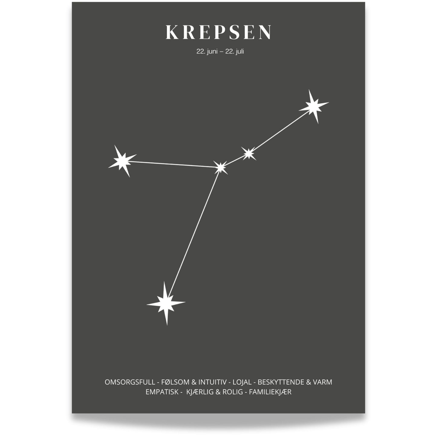 Minimalistisk stjernetegnplakat med stjernebildet Krepsen i hvitt på sort bakgrunn.
