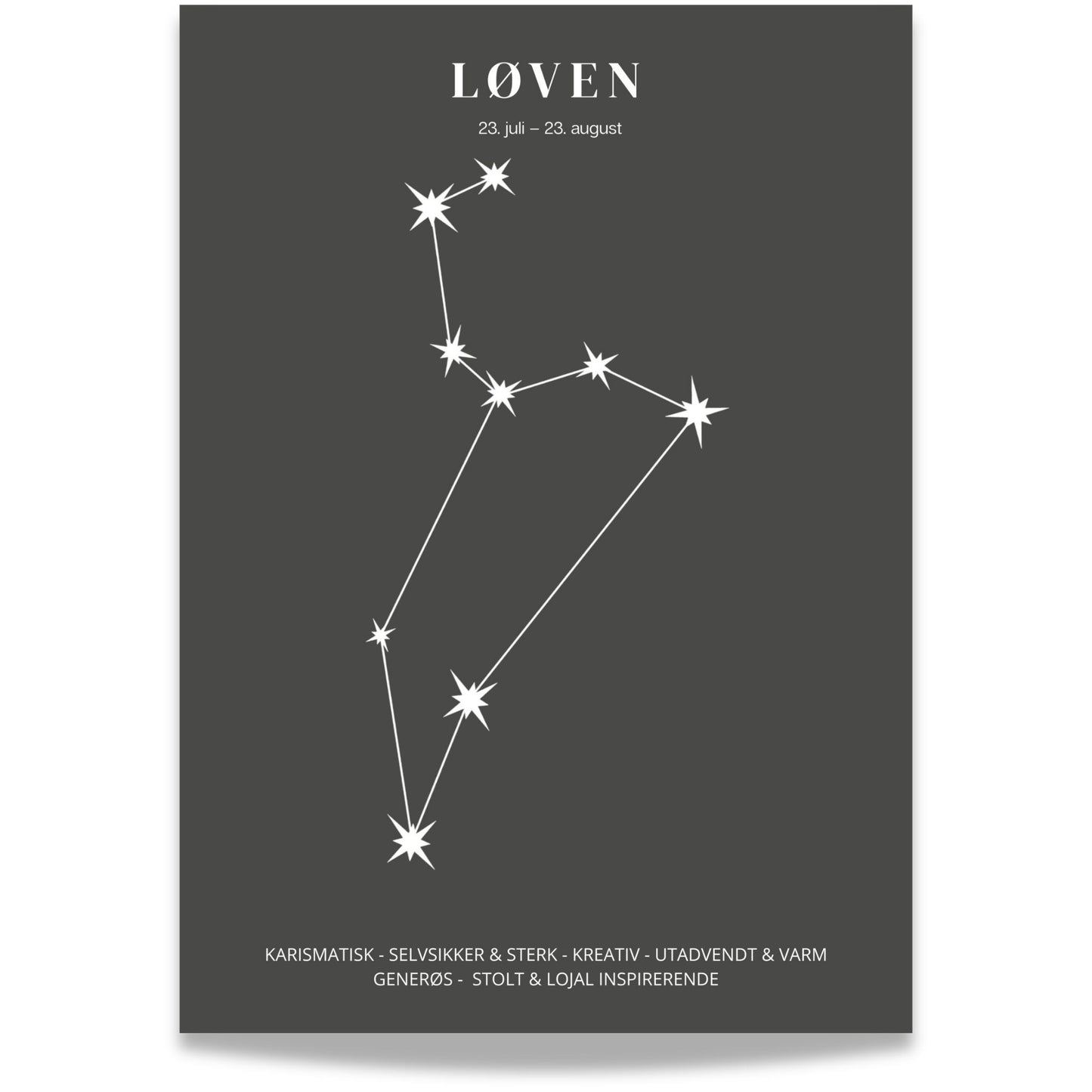 Minimalistisk stjernetegnplakat med stjernebildet Løven i hvitt på sort bakgrunn.