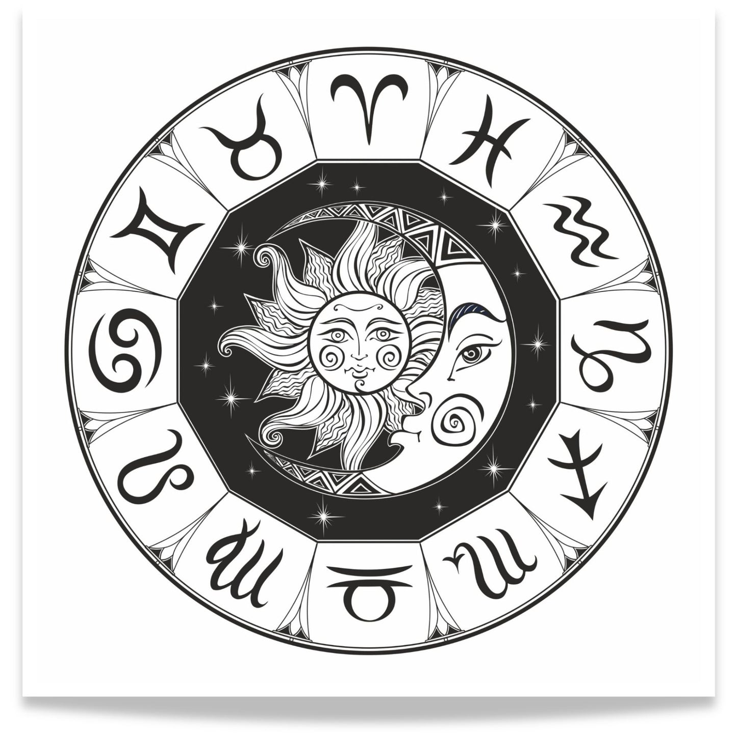 Stjernetegn sirkel plakat i sort med zodiac wheel og alle 12 stjernetegn