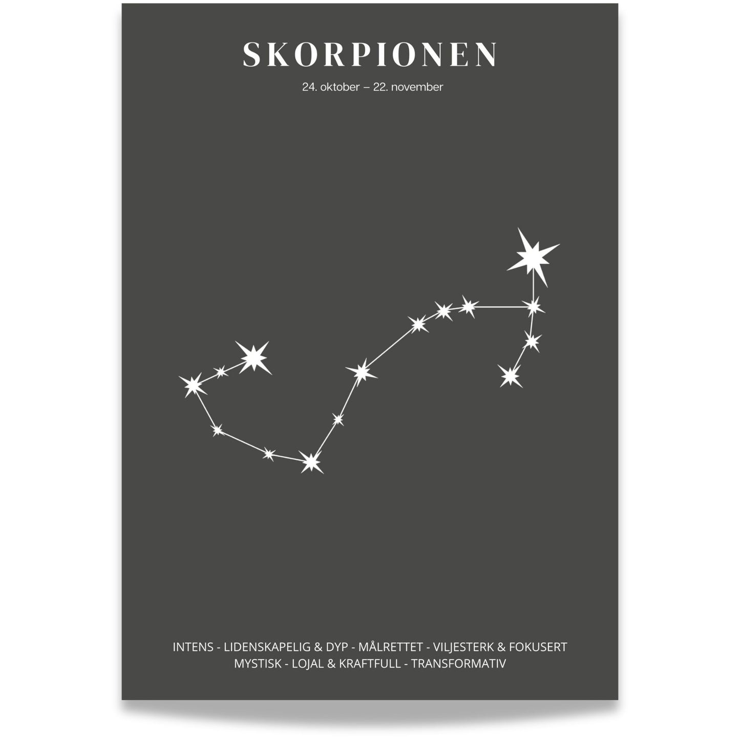 Minimalistisk stjernetegnplakat med stjernebildet Skorpionen i hvitt på sort bakgrunn.
