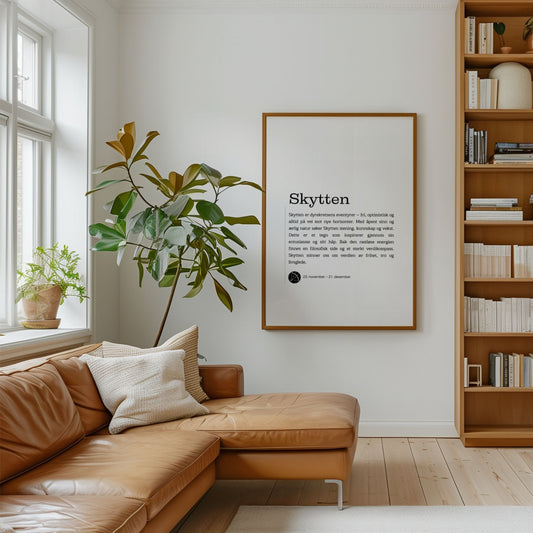 Minimalistisk stjernetegnplakat for Skytten med typografisk tekst og rolig, nordisk uttrykk. Plakat i eik ramme på en stue.