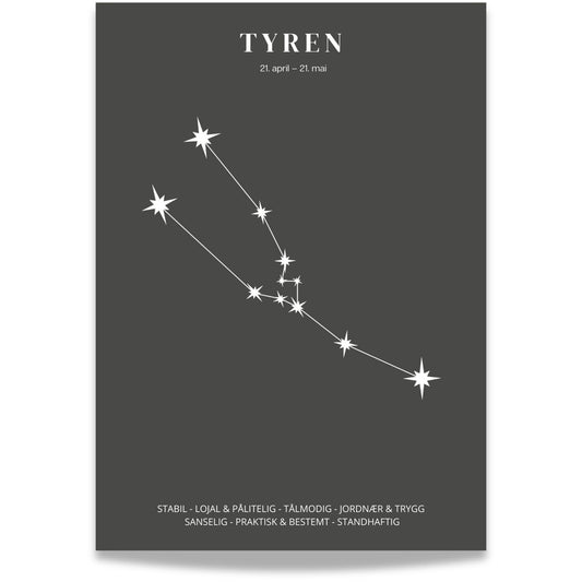Minimalistisk stjernetegnplakat med stjernebildet Tyren i hvitt på sort bakgrunn.