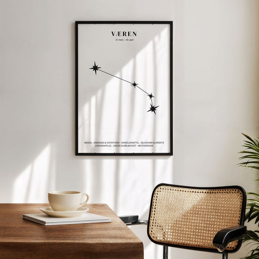 Minimalistisk stjernetegnplakat med stjernebildet Væren i sort på hvit bakgrunn. Miljøbilde.