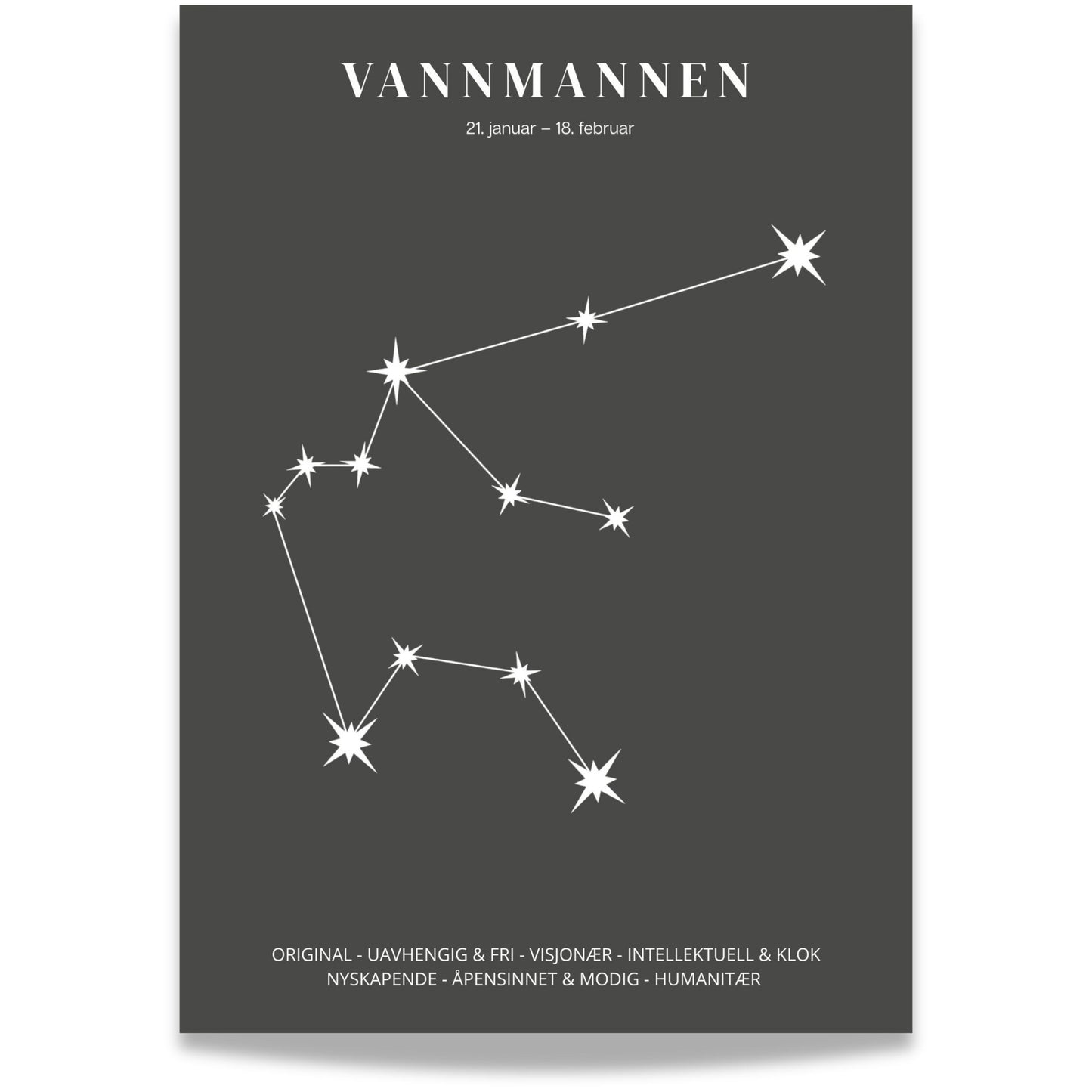 Minimalistisk stjernetegnplakat med stjernebildet Vannmannen i hvitt på sort bakgrunn.