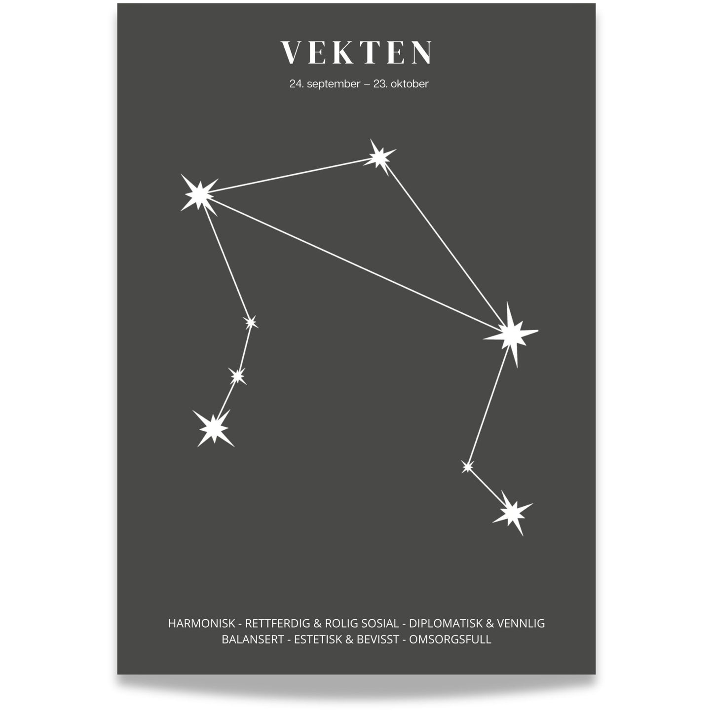 Minimalistisk stjernetegnplakat med stjernebildet Vekten i hvitt på sort bakgrunn.