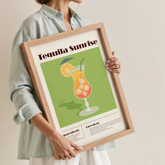 Tequila Sunrise plakat med oppskrift i ramme – fargerik cocktailplakat