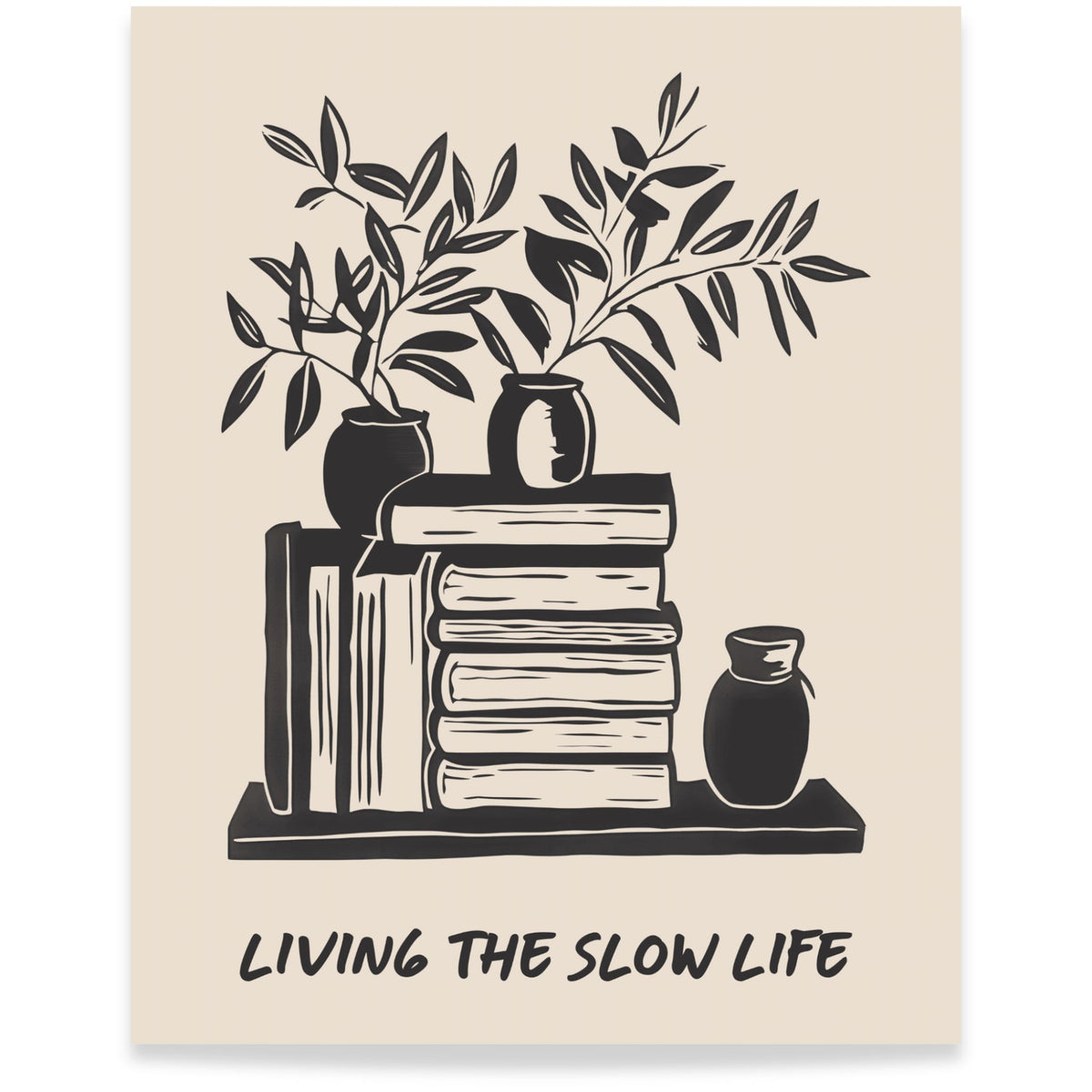 The Slow Reader kunstplakat med bøker, grønne grener og teksten Living the Slow Life. Format 40x50