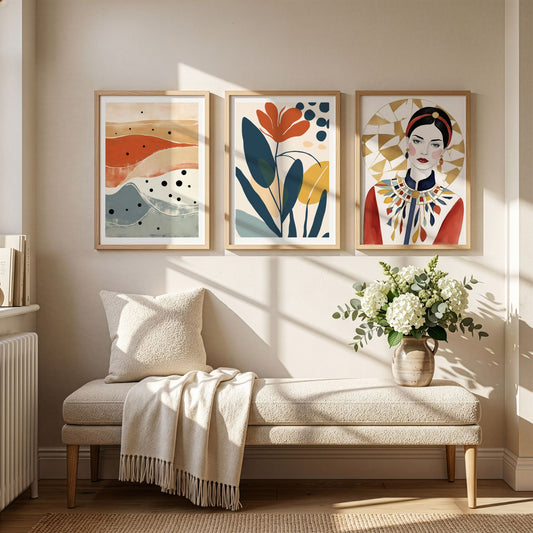 Tidløs Harmoni trio med Desert Waves, Flourish og Golden Muse i eikerammer over lys benk