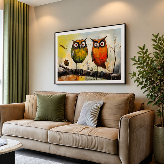 To ugler på en gren som innrammet kunstplakat over beige sofa med grønne interiørdetaljer