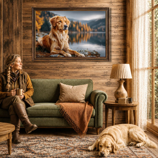 Jakt- og villmarksmotiv med retriever ved vannet vist i rustikt stueinteriør.