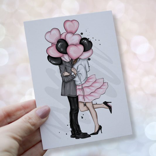 Illustrasjon av kjærestepaar som klemmer hverandre bak rosa og sorte hjerteballonger, elegant valentinesmotiv. Kortet holdes i en hånd.