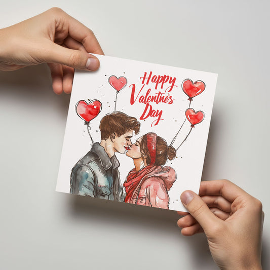 Valentineskort med illustrert par som kysser, røde hjerteballonger og teksten Happy Valentines Day i romantisk akvarellstil. Kortet blir holdt av en person.
