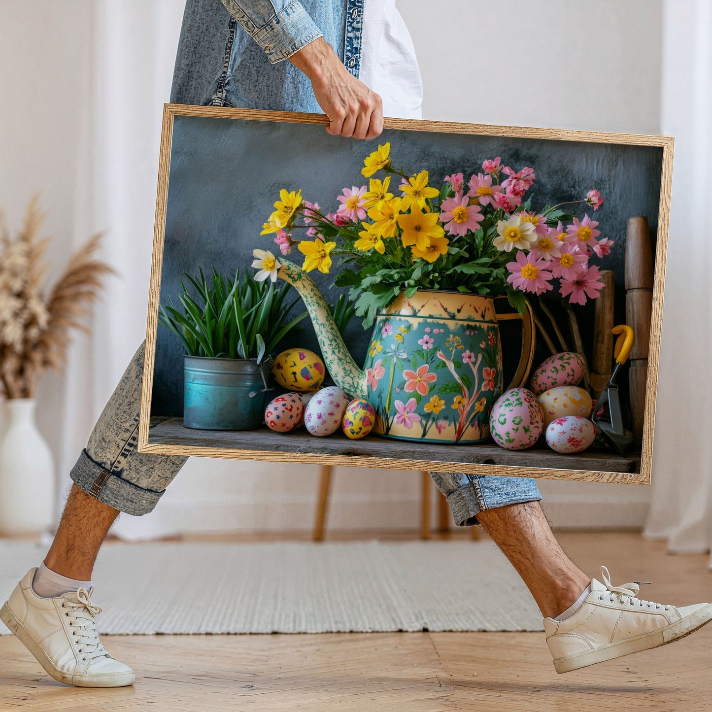 Person holder stor plakat med blomster i dekorert vannkanne