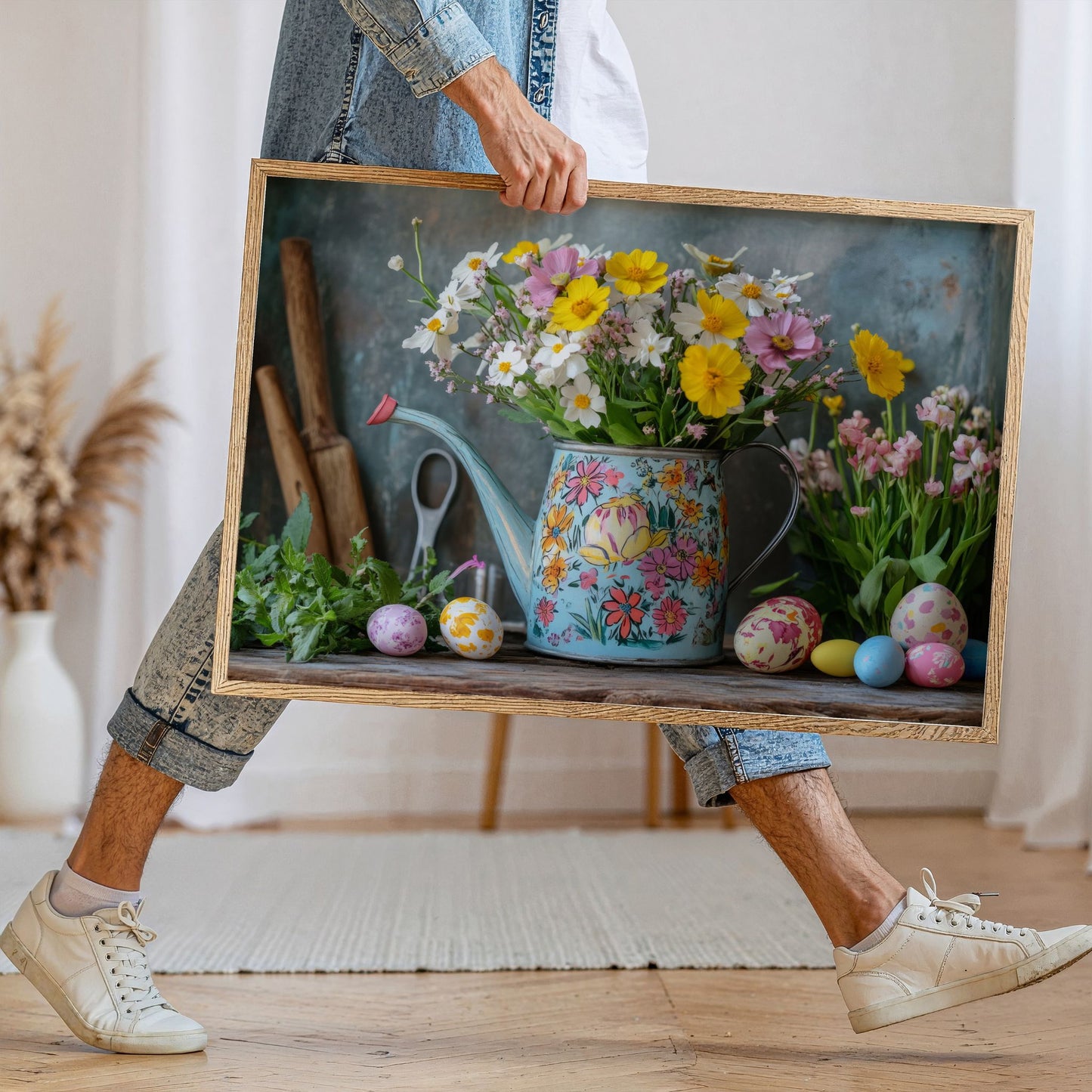Person holder stor plakat med blomstrende vannkanne og dekorerte påskeegg