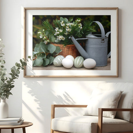 Påskeplakat med egg og vårblomster i kurv hengende i lyst nordisk interiør