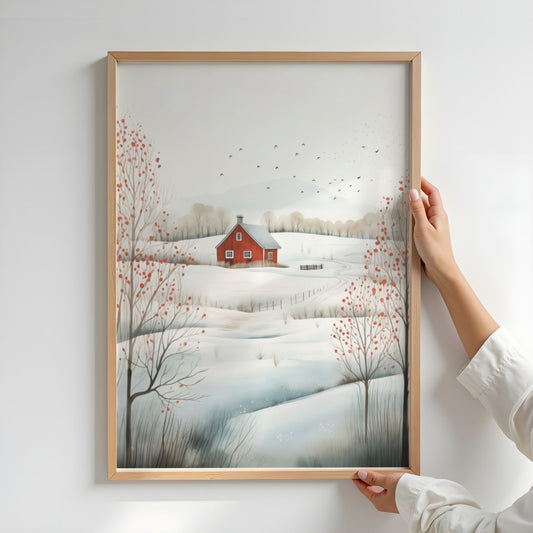 Vinterdag ved Rød Låve plakat med snødekt landskap, røde trær og fugleflokk. Illustrasjonen viser plakat uten hvit kantlinje i eik ramme.