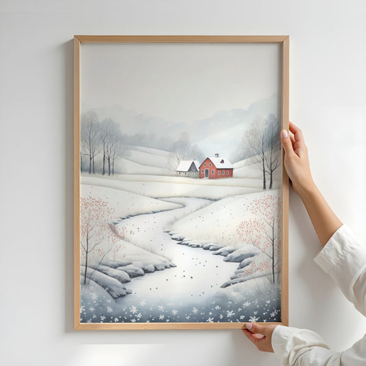 Vinterelv ved Rød Gård plakat med snødekte åser, rød gård og rolig vinterelv. Illustrasjon viser plakat uten hvit kantlinje i eik ramme.