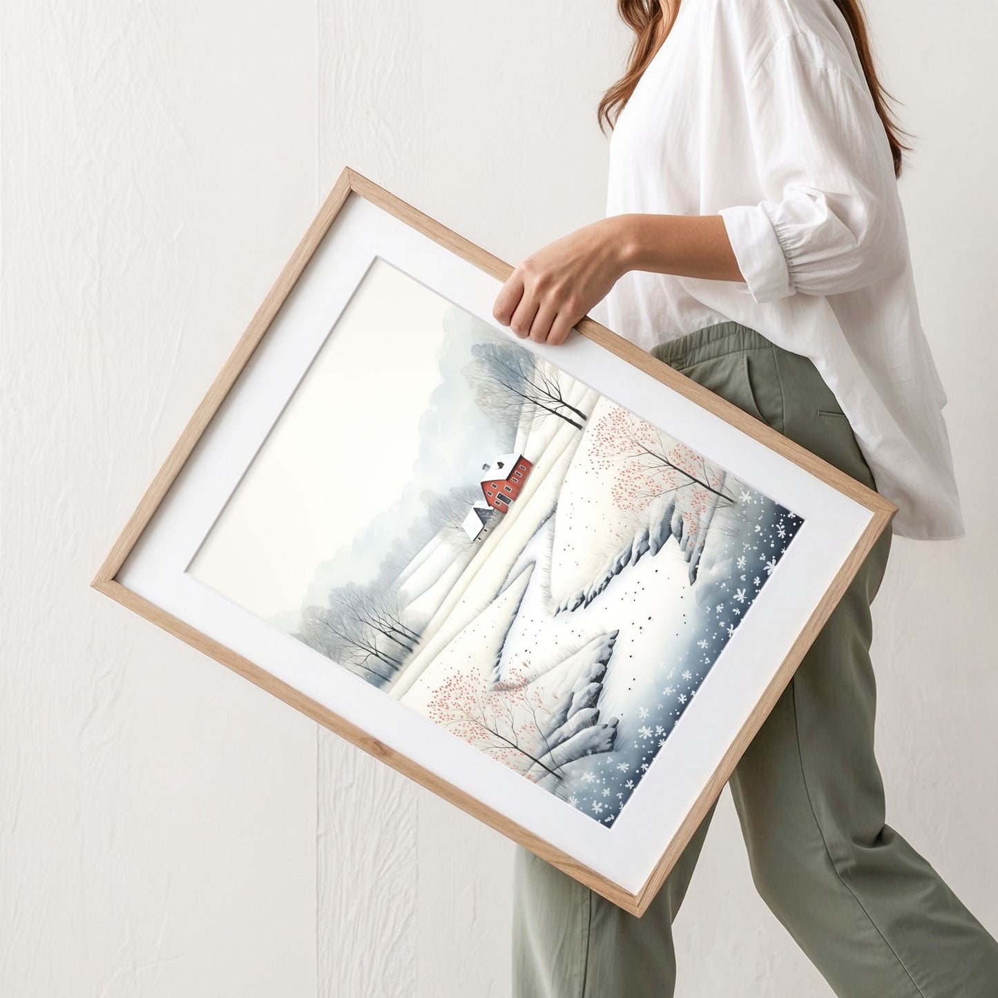 Vinterelv ved Rød Gård plakat med snødekte åser, rød gård og rolig vinterelv. Illustrasjon viser plakat med passepartout i eik ramme.