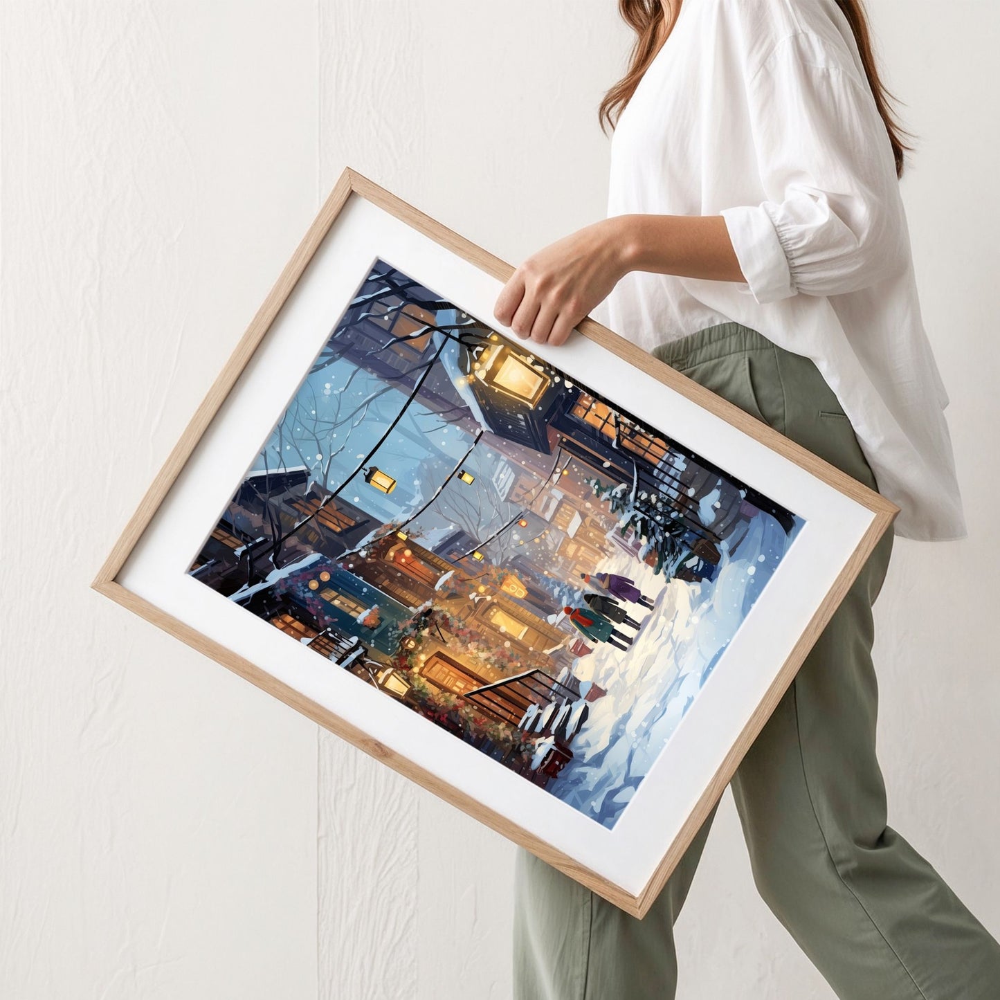 Vinterkveld i Lysgatene plakat med snødekt bygate, lykter og tre personer som går gjennom vinterkvelden. Illustrasjon viser plakat med passepartout i eik ramme.