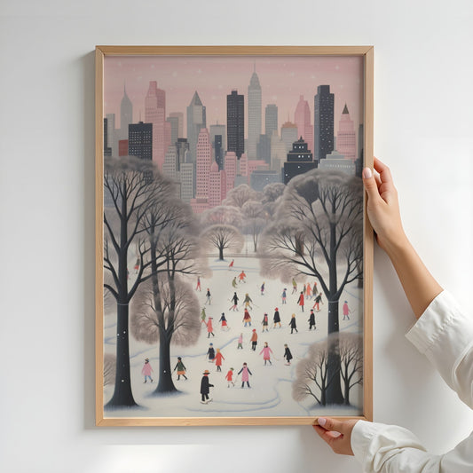 Vinterlek i Byparken plakat med snødekt park, mennesker i fargerike vinterklær og pastellfarget storbybakgrunn. Illustrasjon viser plakat uten hvit kantlinje i eik ramme.