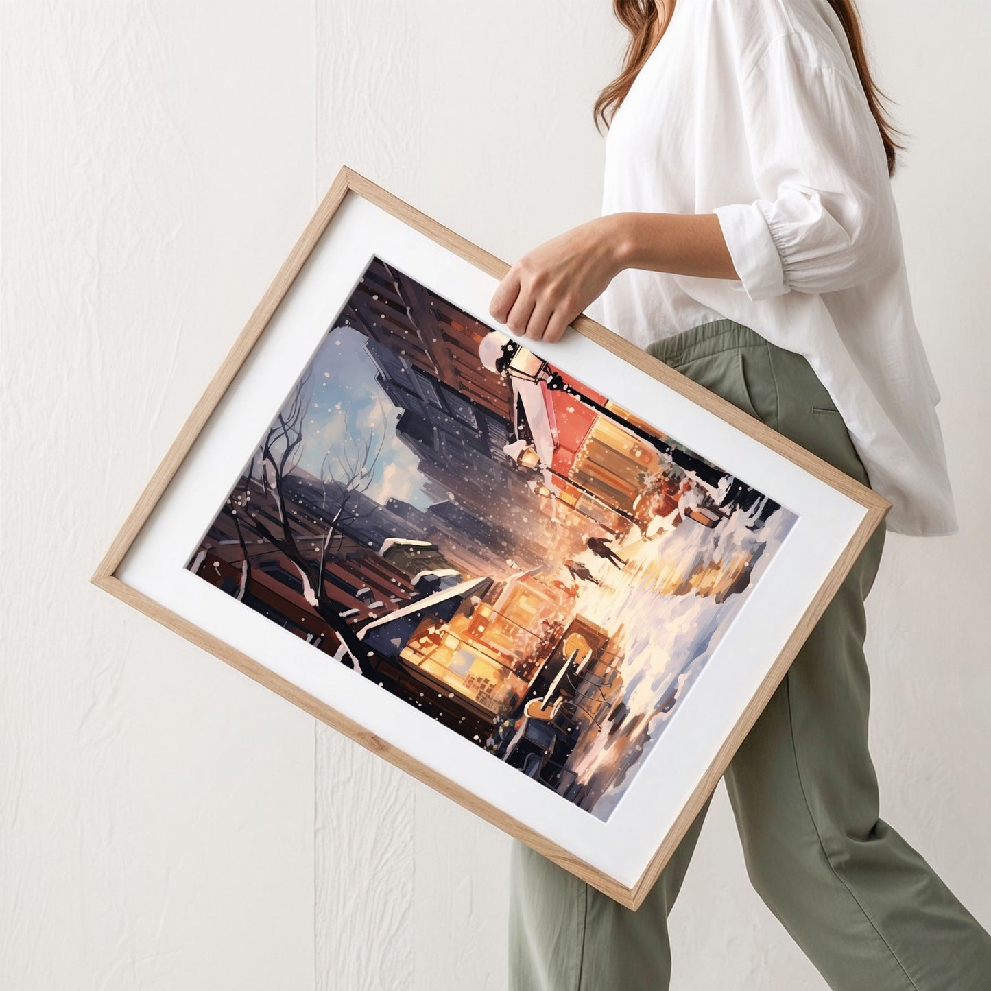 Vinterlys i Gågaten plakat med snødekt bygate, varme kafevinduer og gående menneske. Illustrasjon viser plakat med passepartout i eik ramme.