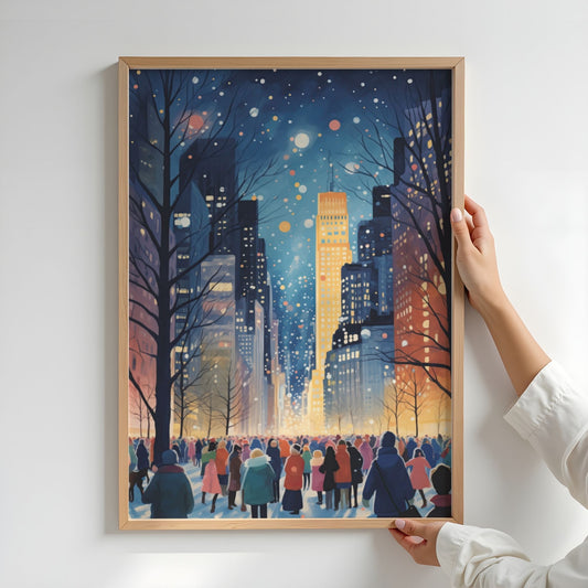 Vinternatt i Lysbyen plakat med bylys, snøfall og menneskemengde på vinterkveld. Illustrasjon viser plakat uten hvit kantlinje i eik ramme.