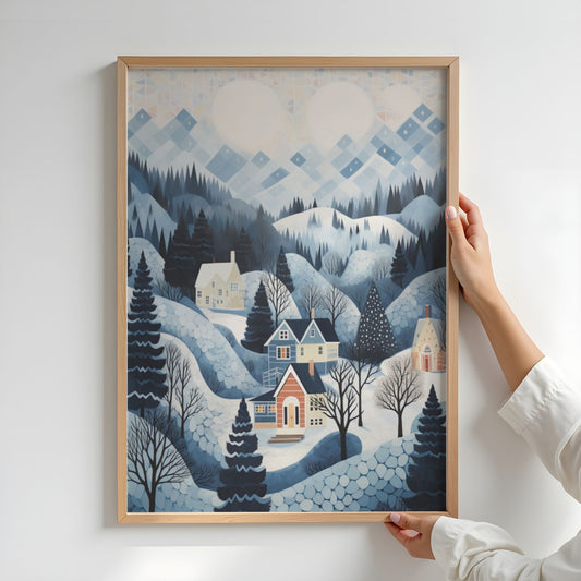 Vintersol over Fjellbygda plakat med geometrisk vinterhimmel, blå fjell og små hus. Illustrasjon viser plakat uten hvit kantlinje i eik ramme.
