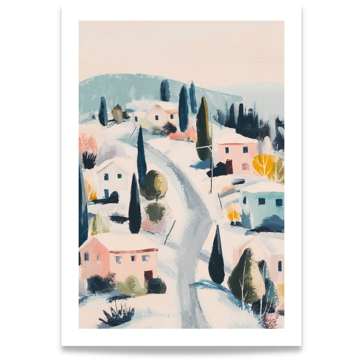 Winter Village vinterplakat med snødekte hus, svingete vei og trær i duse pastellfarger. Format 70x100.