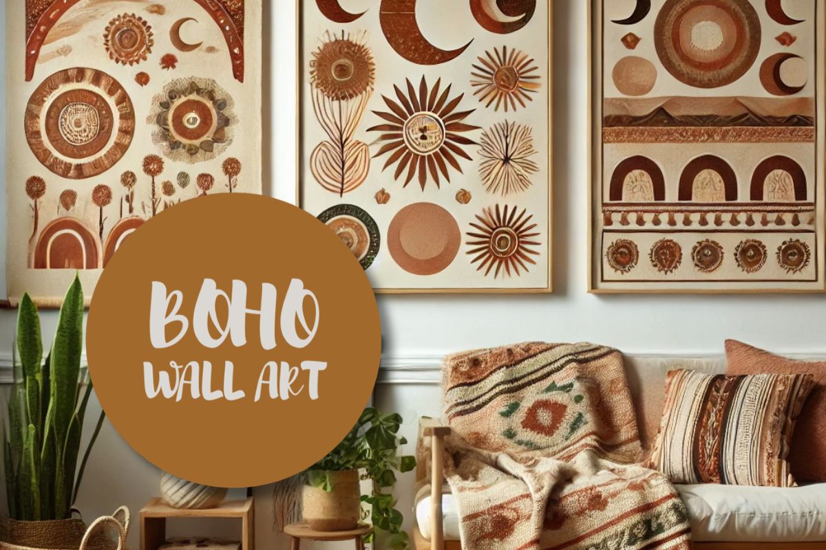 Boho Wall Art Collection med grafiske plakater i varme jordtoner og bohemsk interiør