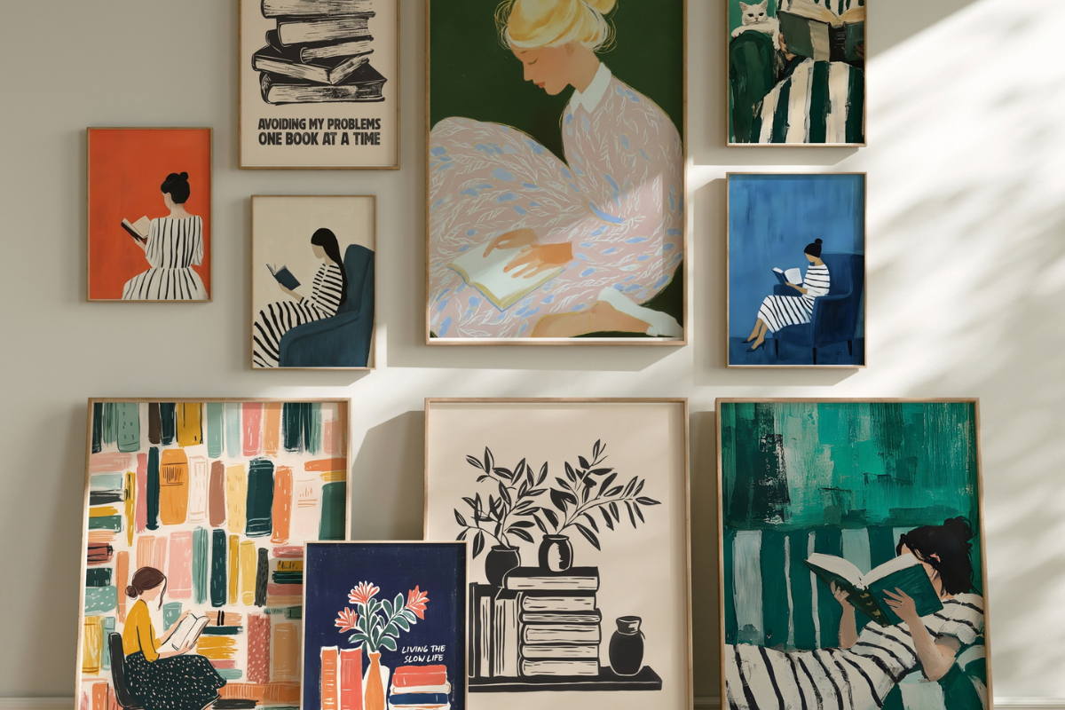 Ti kunstplakater fra Bookish Eclectic Collection med lesende kvinner, bokstabler og fargerike illustrasjoner, samlet i en personlig bildevegg med grønne, blå og varme toner.