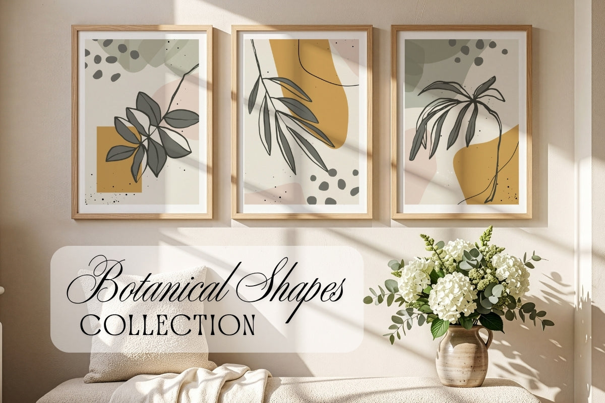 Botanical Shapes Collection – tre grafiske botaniske plakater i dempede naturtoner og eikerammer i lyst interiør