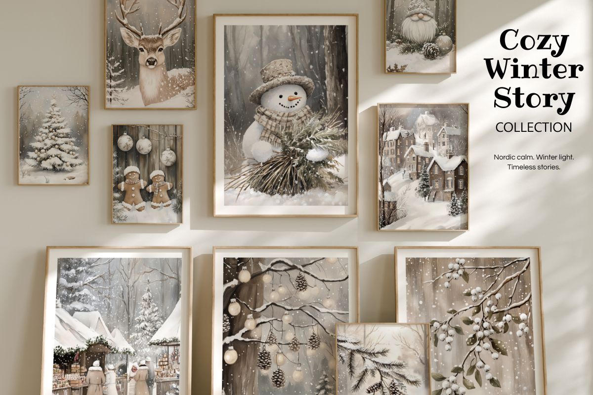 “Cozy Winter Story Collection – vinterplakater i duse toner med vinterlandskap, snømann og reinsdyr på vegg i nordisk interiør. Elegant gallerivegg med vinterstemning og kunstplakater i harmoniske naturfarger.”