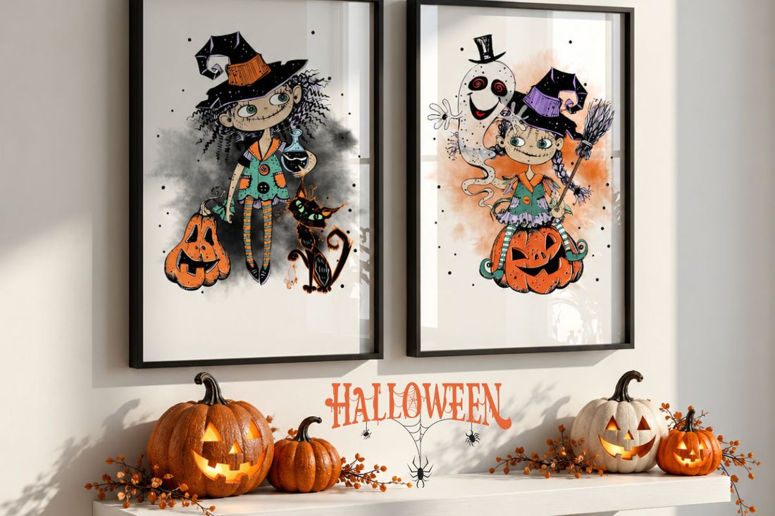Halloween-plakater fra Wickedly Whimsical Collection med lekne heksemotiver og gresskar i Halloween-dekorert interiør