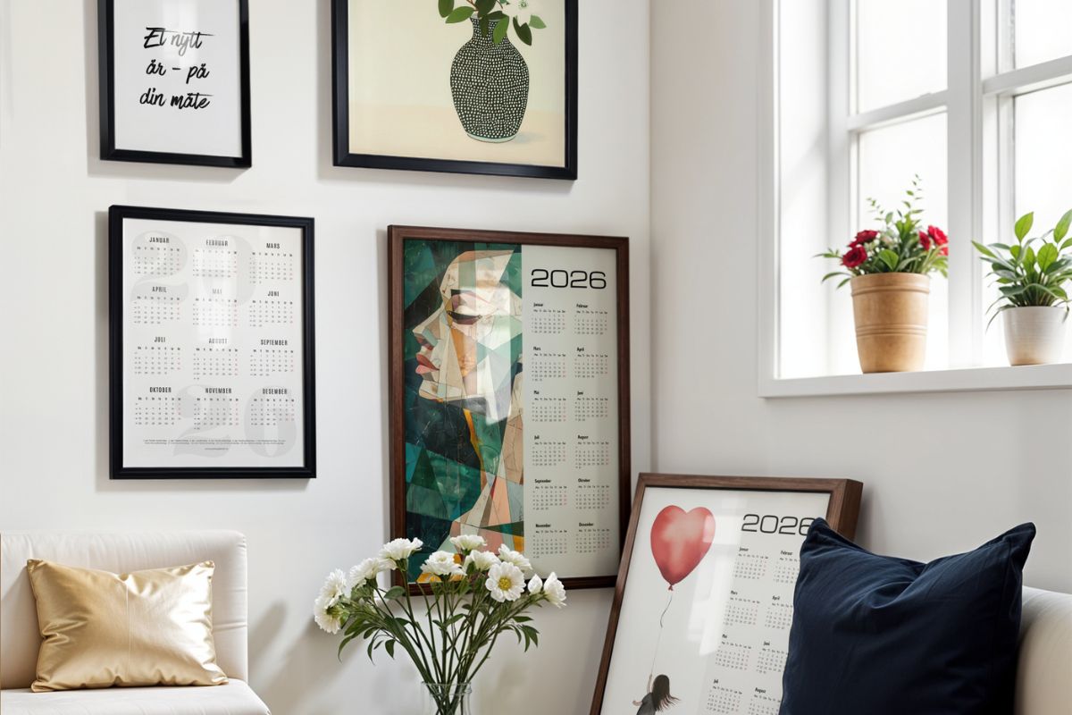 Interiør med veggkalendere for 2026 i grafisk og illustrert stil, presentert som en del av boliginnredningen