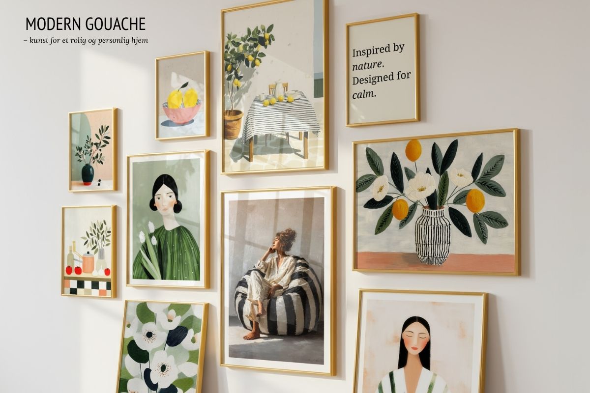 Gallerivegg med plakater fra Modern Gouache – kunst inspirert av ro og balanse, med botaniske motiver, stille figurer og hverdagsøyeblikk i dempede farger.
