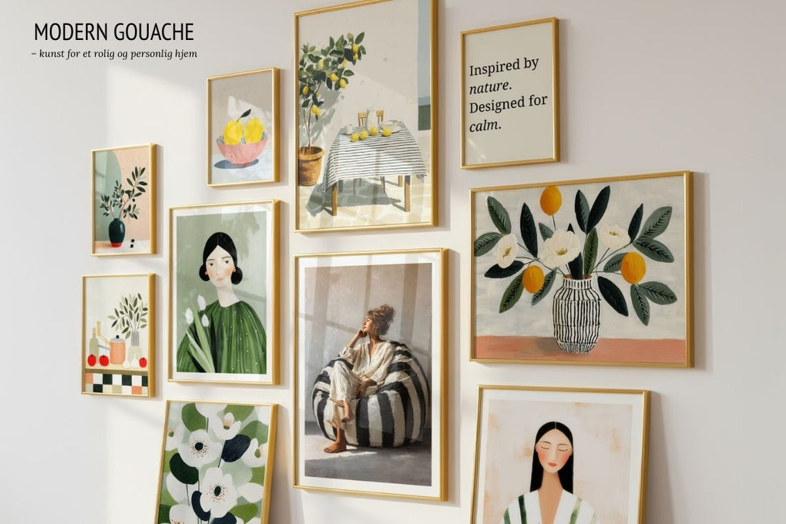 Gallerivegg med plakater fra Modern Gouache – kunst inspirert av ro og balanse, med botaniske motiver, stille figurer og hverdagsøyeblikk i dempede farger.