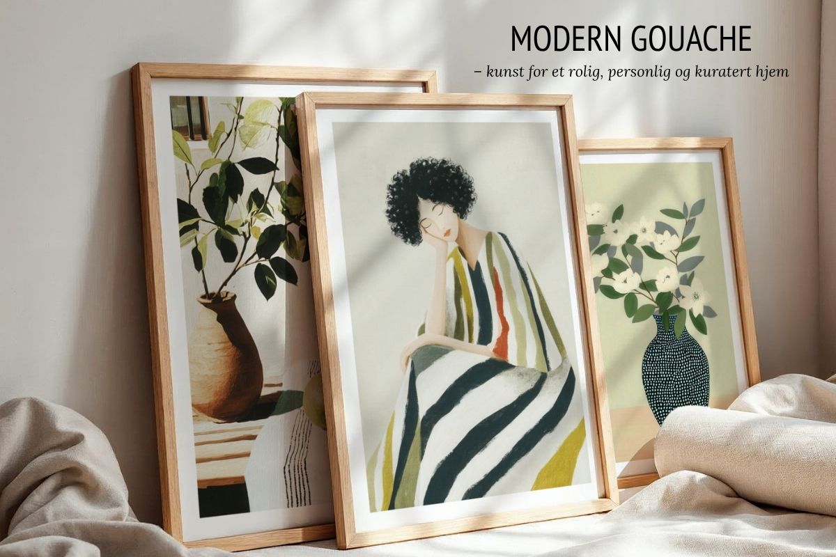 Modern Gouache plakater i eik rammer stylet i rolig interiør med botaniske motiver og illustrert kvinne