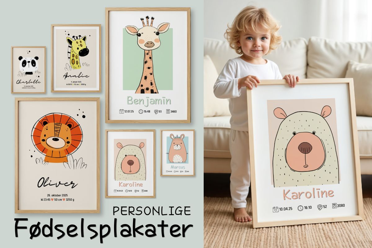 Personlige fødselsplakater til barnerom med søte dyremotiver i nordisk stil