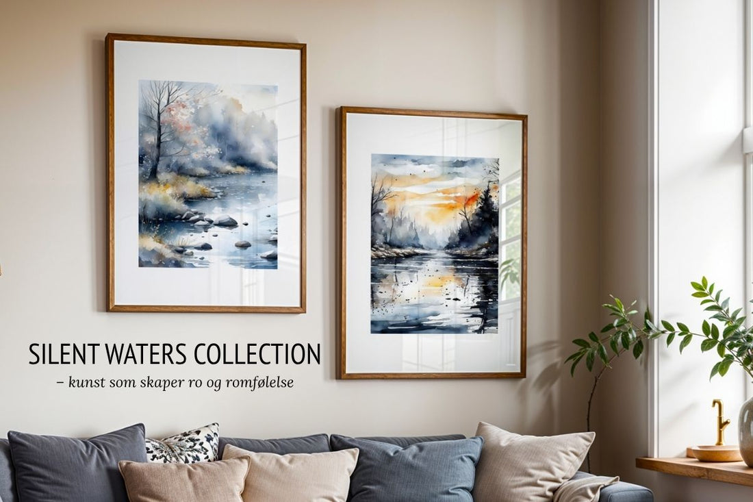 Naturplakater fra Still Water Collection med rolige landskapsmotiv i akvarellstil, vist i eikerammer i moderne interiør.