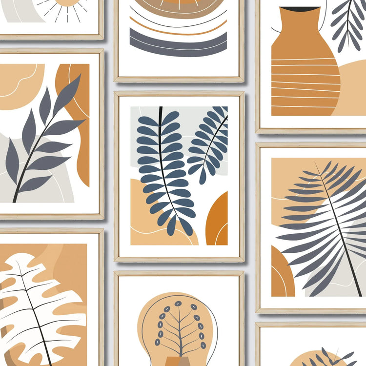 Grafiske plakater og lerret i bohemsk stil med varme naturtoner fra Boho Wall Art