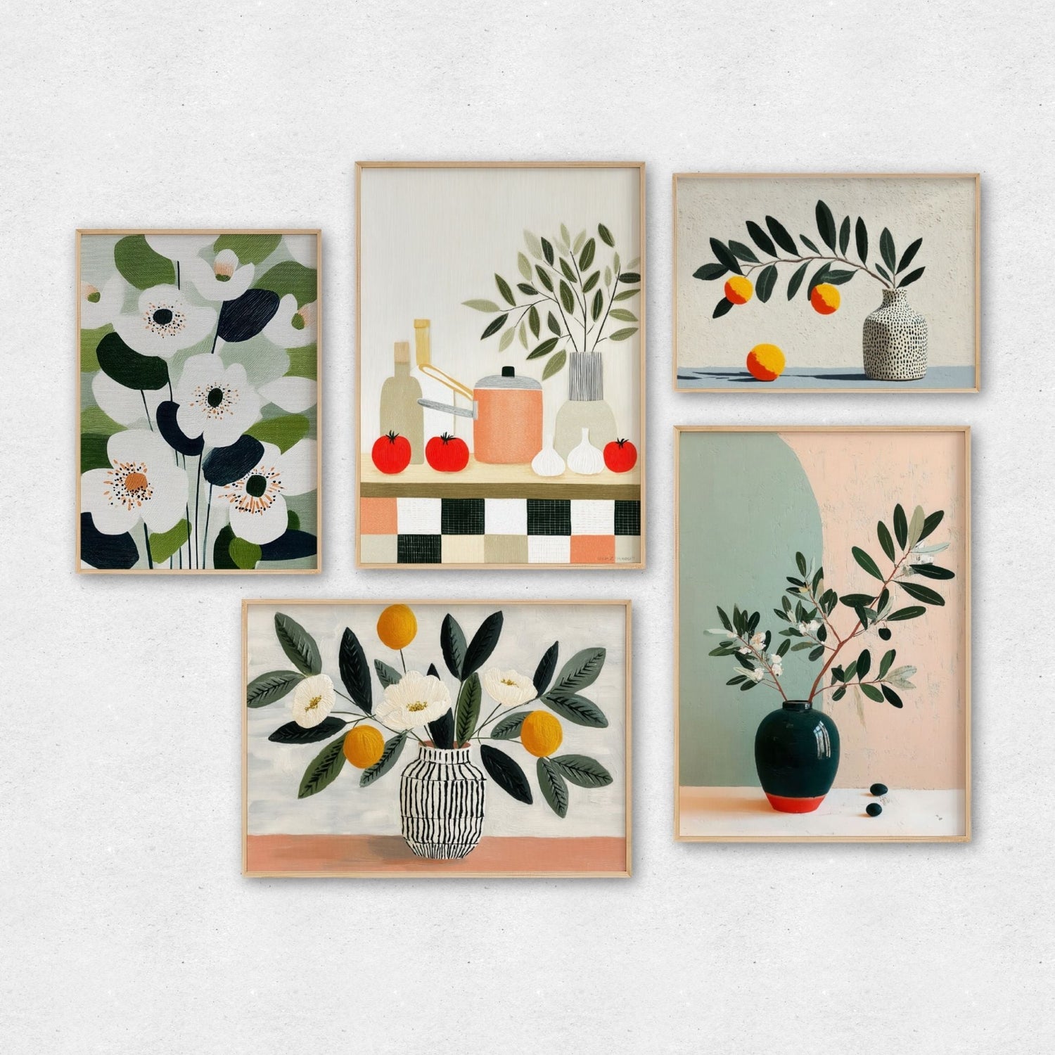 Samlingsbilde av botaniske plakater og lerret i rolige naturtoner fra Botanical & Nature-serien