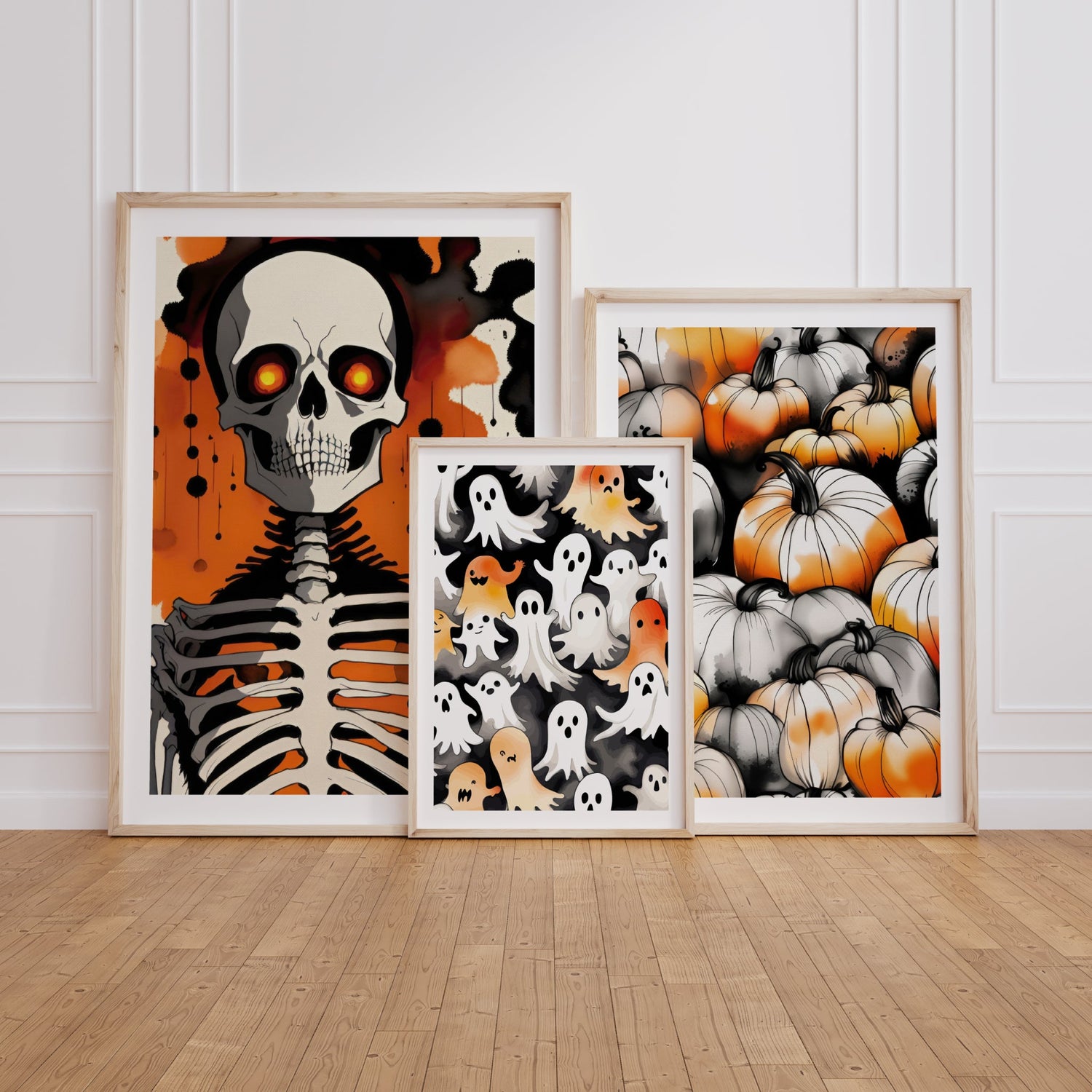 Samlingsbilde fra Classic Halloween Collection med Halloween-plakater av skjelett, spøkelser og gresskar i klassiske oransje, sorte og kremfargede toner.