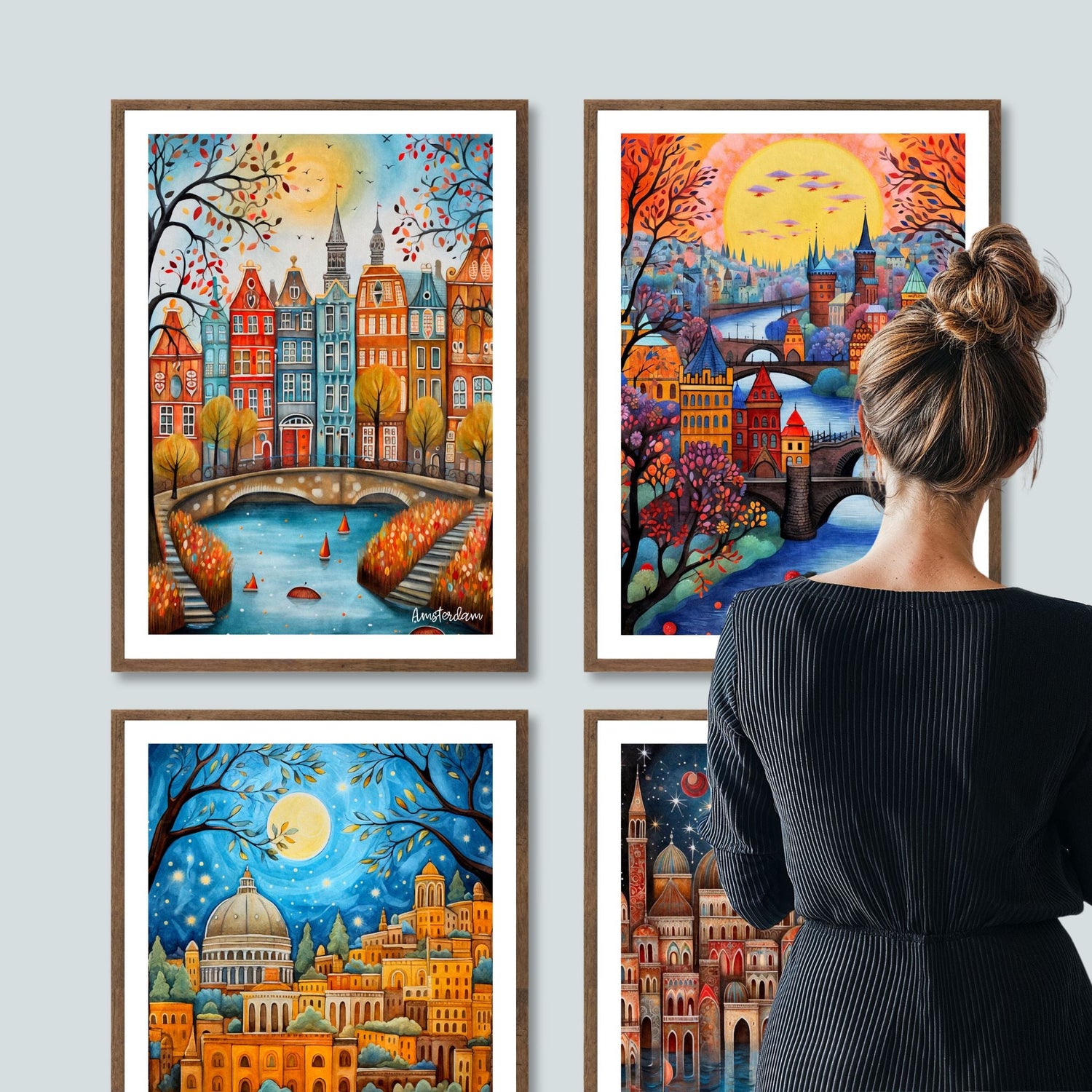 Illustrerte byplakater med eventyrlig stemning og arkitektur fra Eventyrbyer