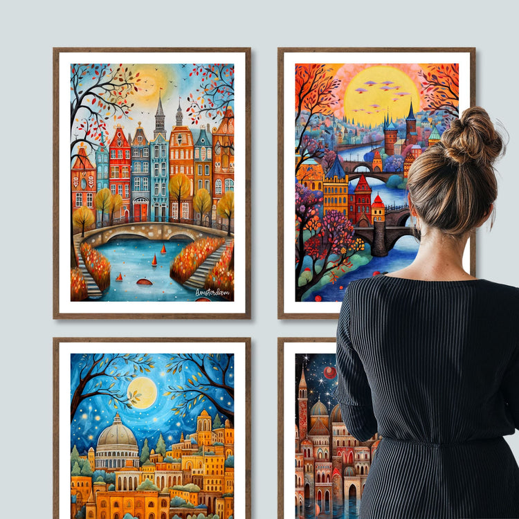 Illustrerte byplakater med eventyrlig stemning og arkitektur fra Eventyrbyer