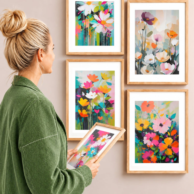 Flower Party Collection med fargerike blomsterplakater i moderne stil vist på en dekorativ gallerivegg.